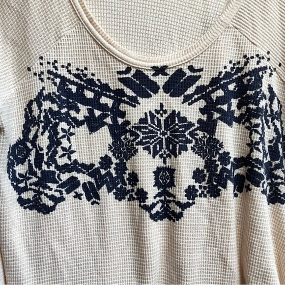 We The Free Cream Waffle Knit Thermal Swing Snowflake Fair Isle Raglan Tee Sz L - Picture 4 of 10